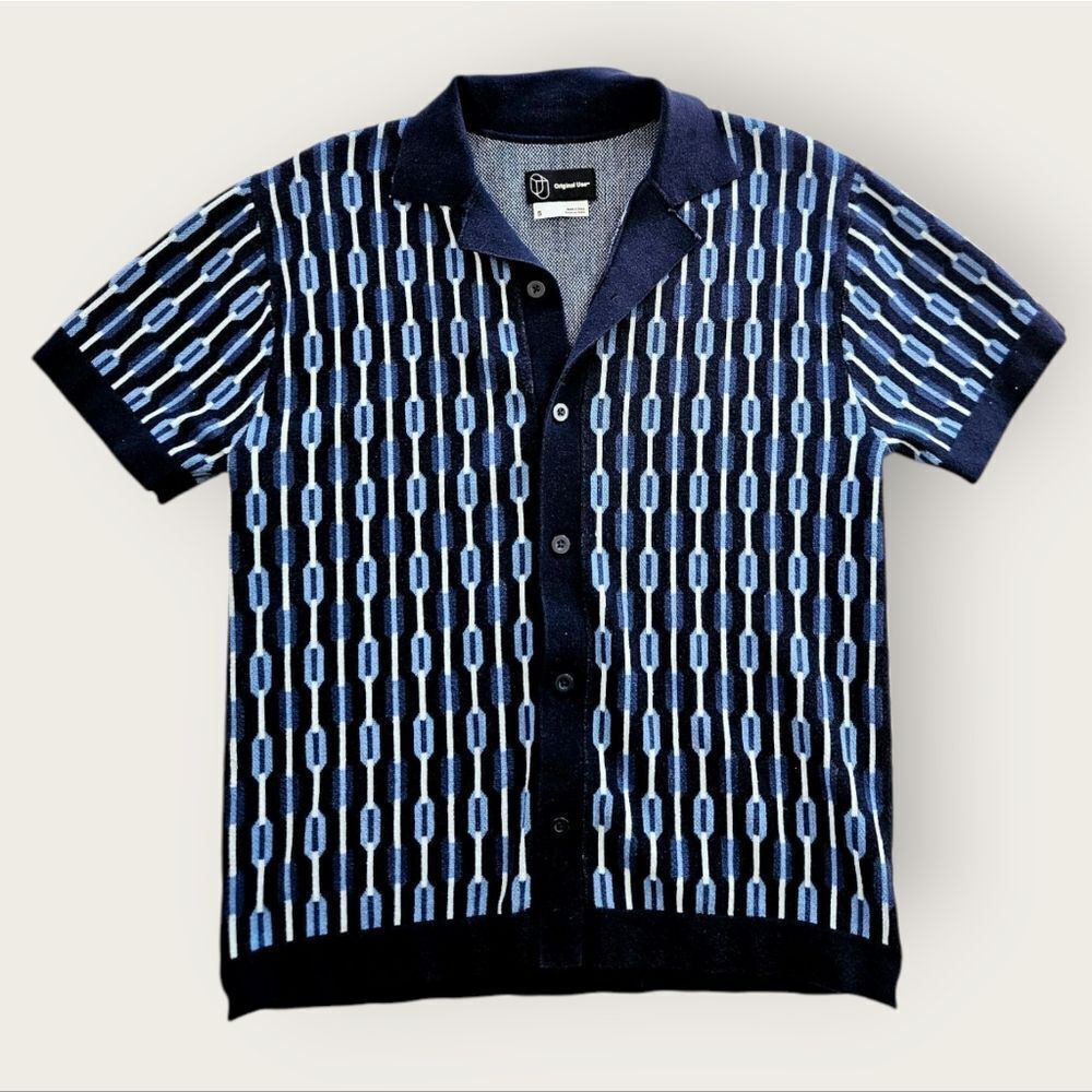 Original Use Geometric Patterned Blue Collared Short Sleeve Button Down Shirt S